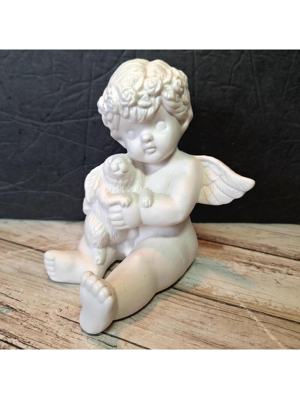 Vintage Vigor Cherub/Angel Figurine Holding A Bunny White Ceramic 5.5HX4.5WX4D